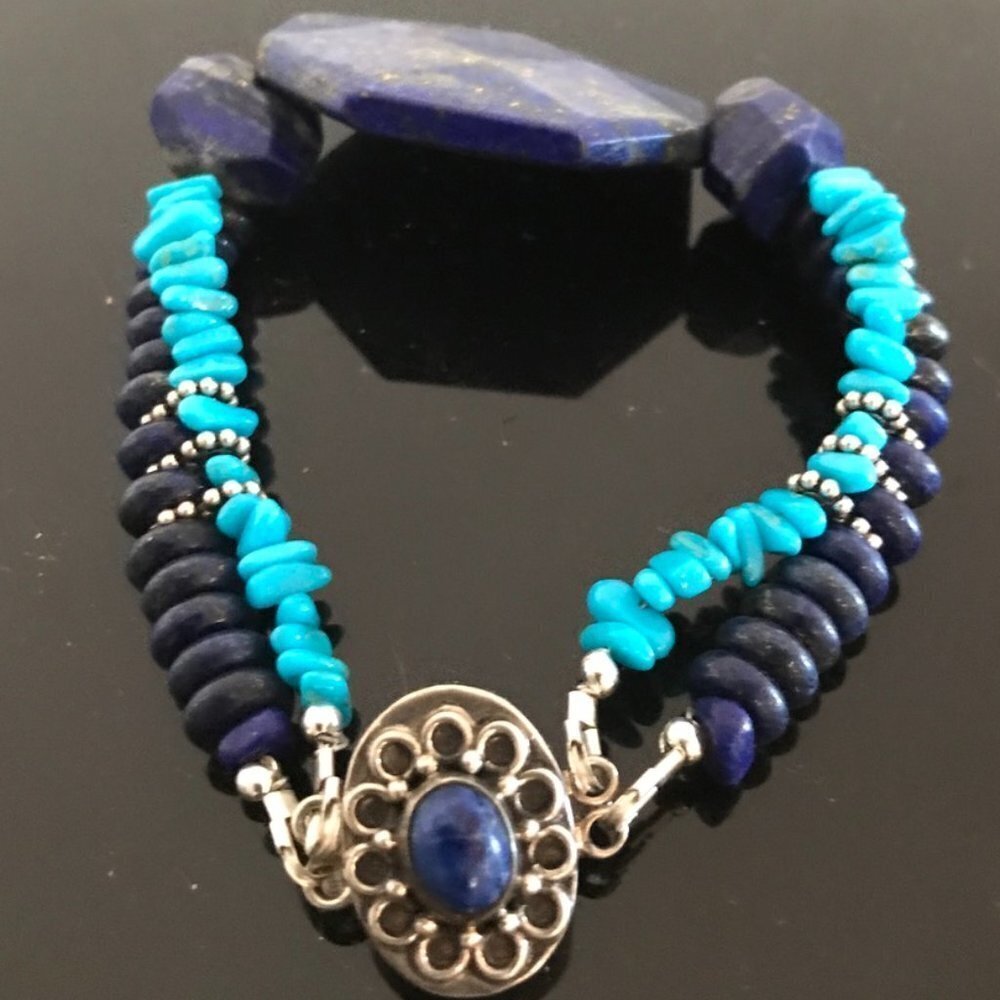 Lapis Lazuli Sleeping Beauty Turquoise 925 Sterling Silver Bracelet Large Blue